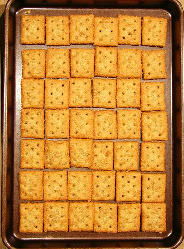 Overhead shot of freshly baked oatmeal crackers on a baking sheet.