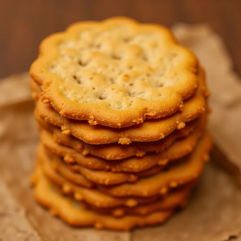 A close-up shot of a stack of homemade oatmeal crackers, showcasing their texture and color.