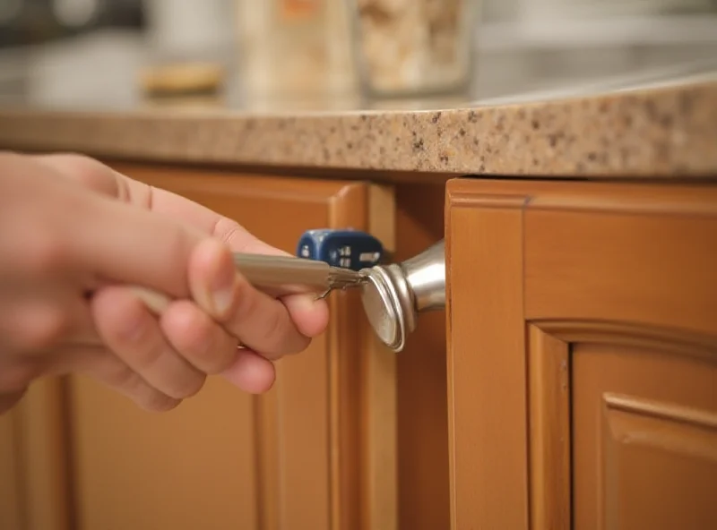 Close-up of a hand replacing a kitchen cabinet door pull.