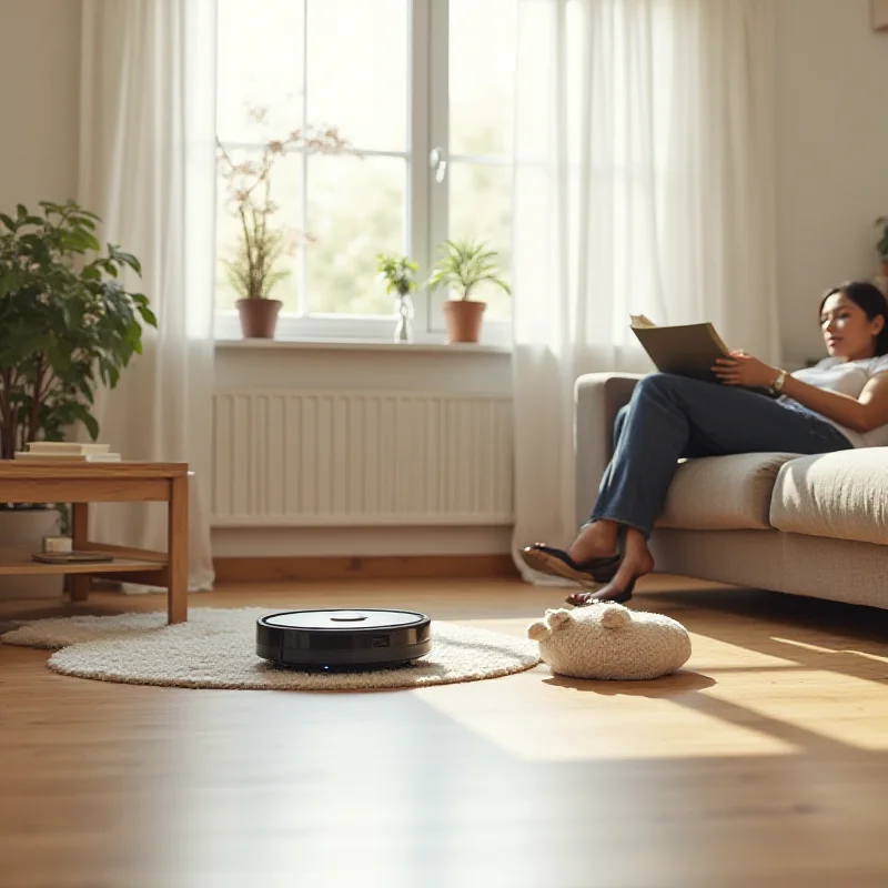 A person relaxing while a robot vacuum cleans their living room floor.