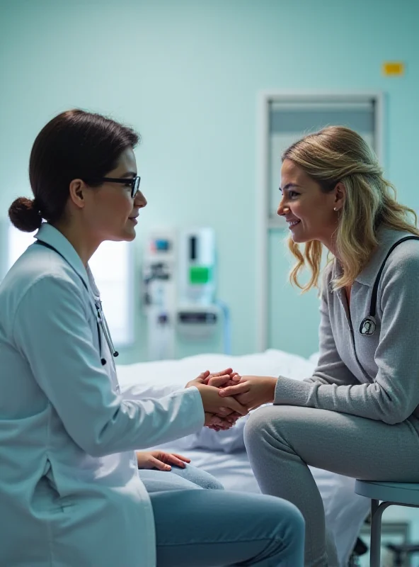 Doctor consoling a young patient in a hospital room.