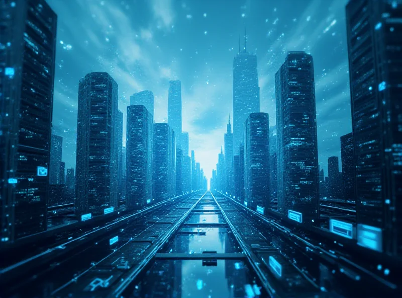 Futuristic cityscape with digital networks overlaid