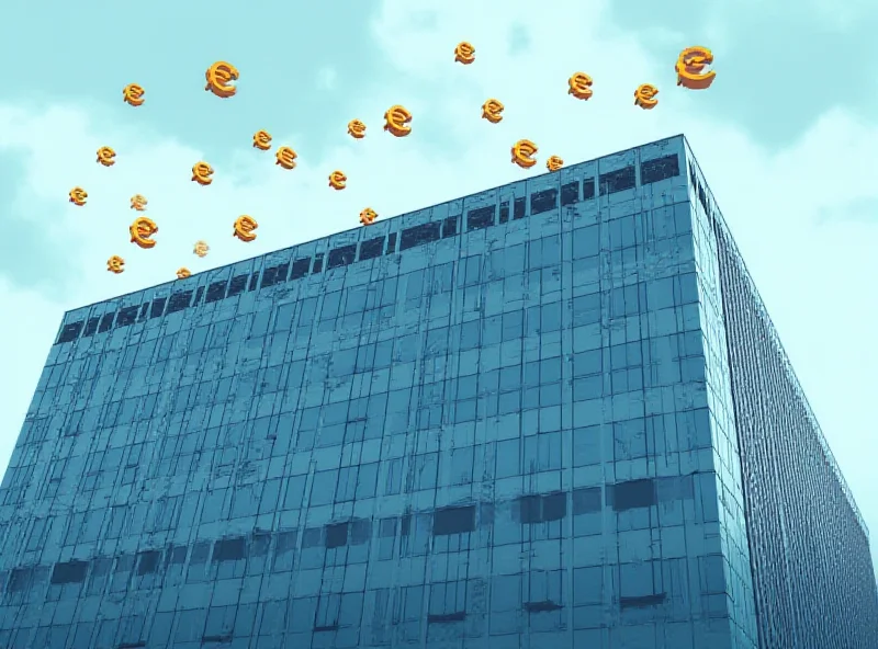 Illustration of the European Central Bank building with euro symbols floating around it.