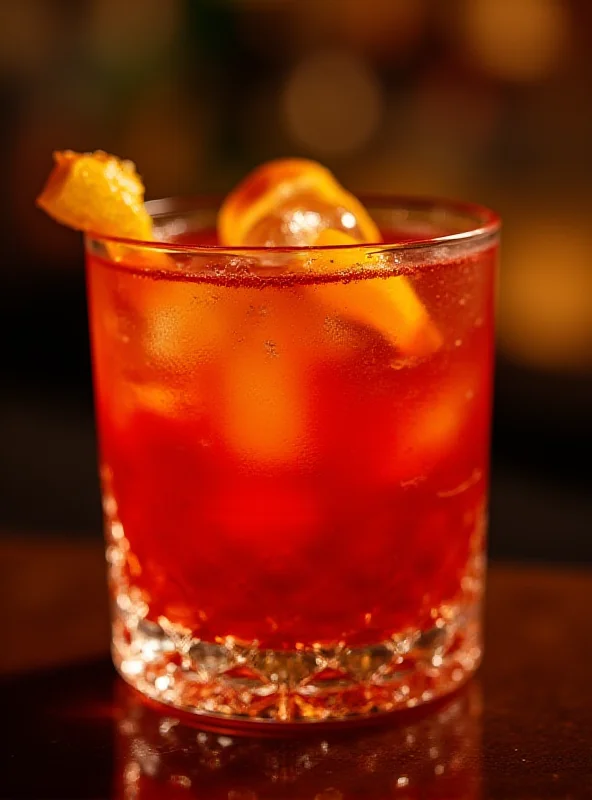 A close-up shot of a perfectly crafted Negroni cocktail in a crystal glass, garnished with an orange peel.