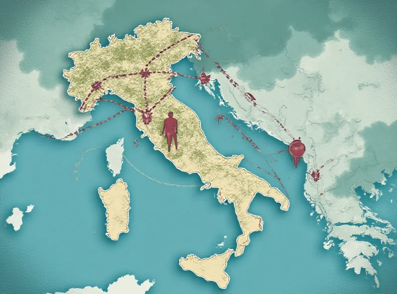 A digital illustration depicting a map of Italy and the United States connected by trade routes, but with storm clouds and tariff symbols looming overhead.