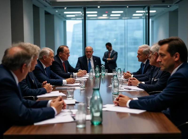 A diverse group of European Union leaders sitting around a large conference table, engaged in a serious discussion, representing the complex decision-making process within the ECB.