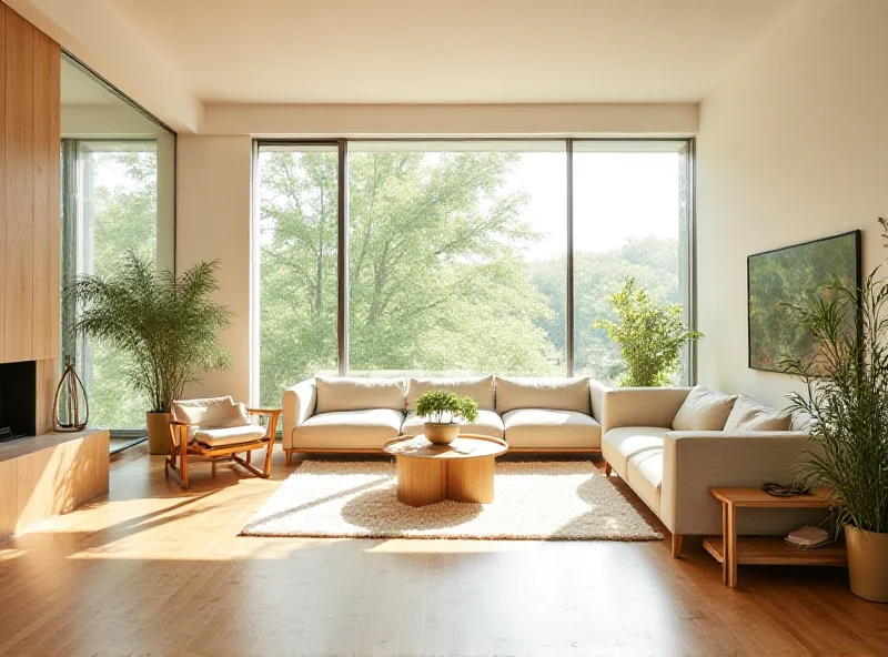 A bright living room featuring bamboo flooring and large windows.