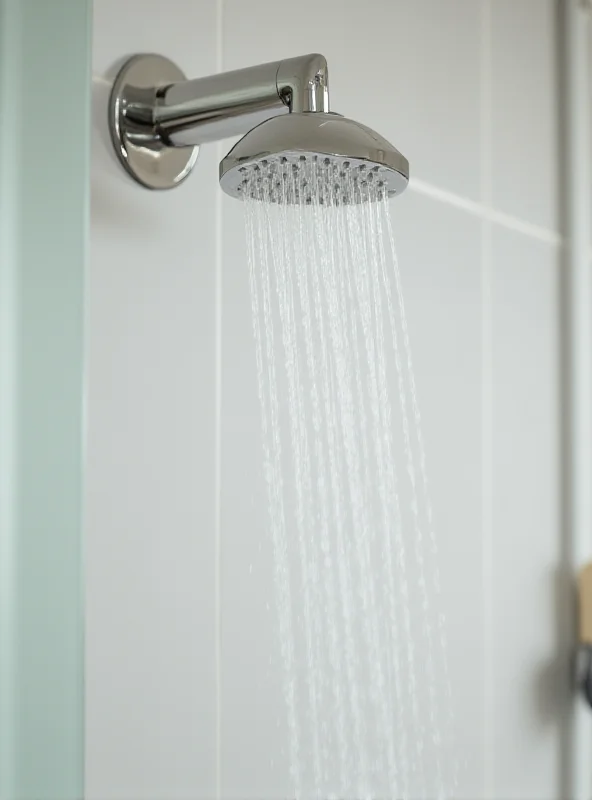 Close-up of a low-flow showerhead in a modern bathroom.