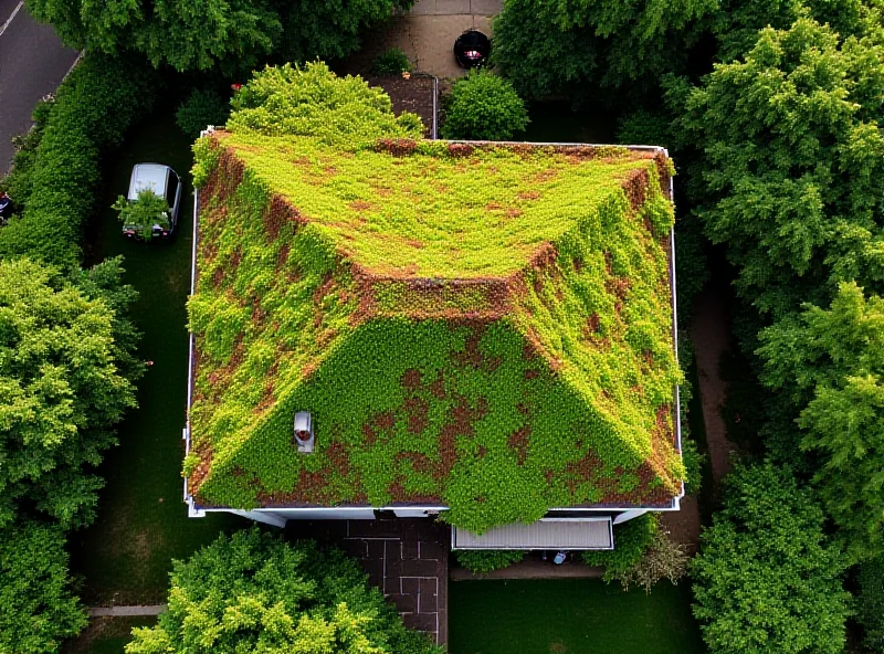 Aerial view of a house with a lush green roof.