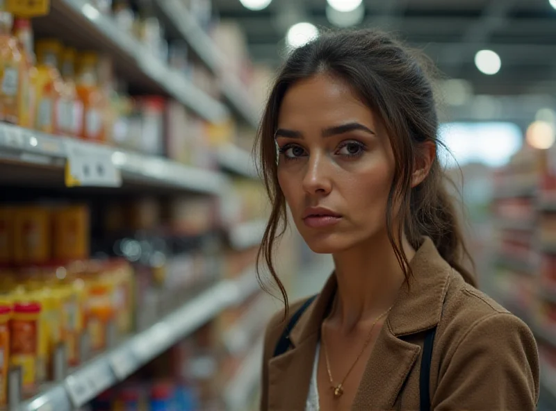 A worried shopper looking at rising prices in a supermarket aisle