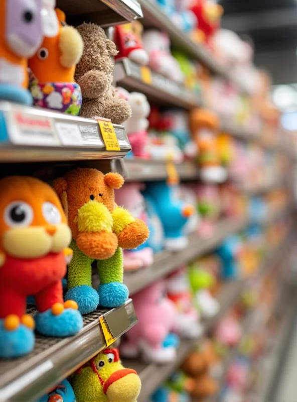 A shelf full of toys with a price tag showing an increased price.