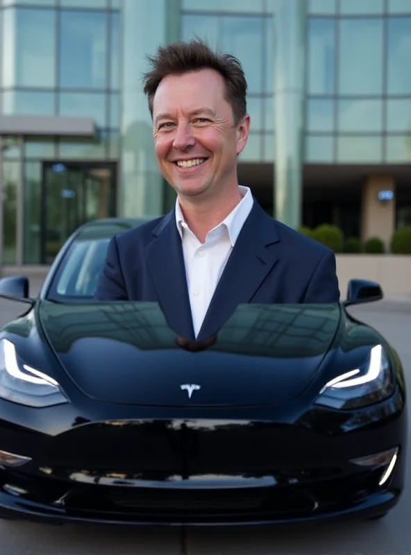 Elon Musk smiling in front of a Tesla car.