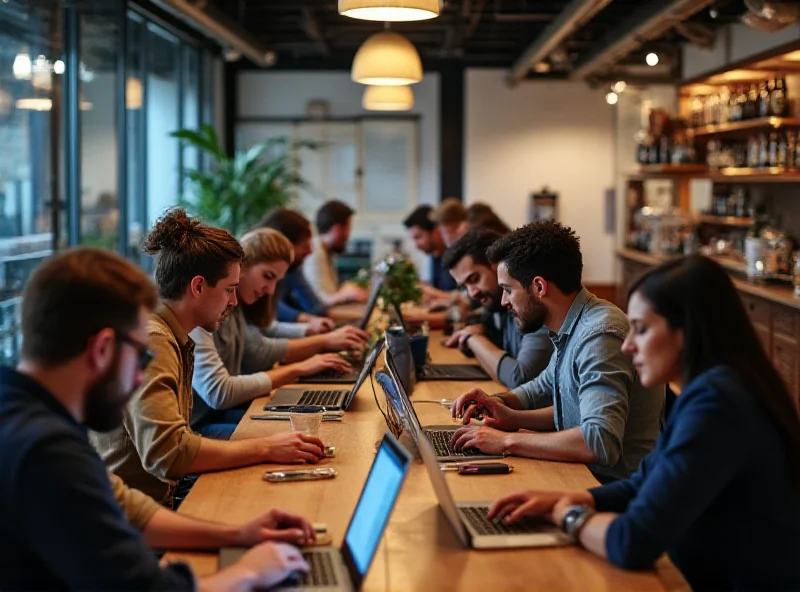 A diverse group of people working on laptops and tablets, symbolizing the gig economy and remote work.