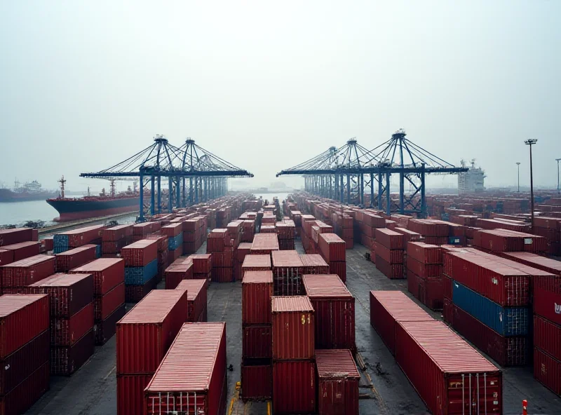 Containers at a port with cranes loading and unloading