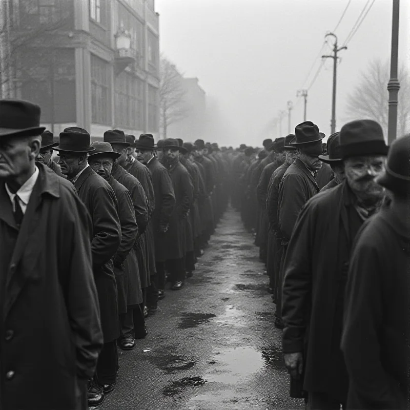 A historical photo from the 1930s showing people struggling during the Great Depression, emphasizing the potential consequences of economic nationalism.