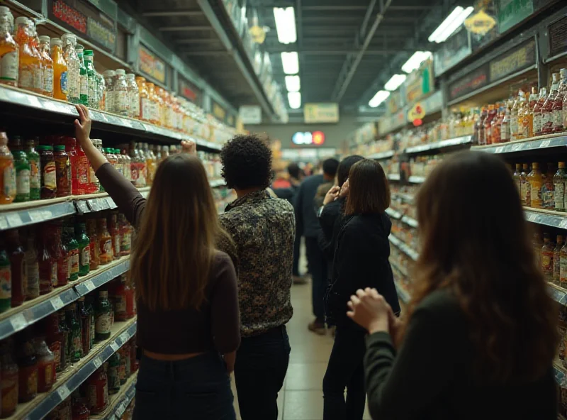 Brazilian shoppers looking worried at empty shelves in a grocery store.