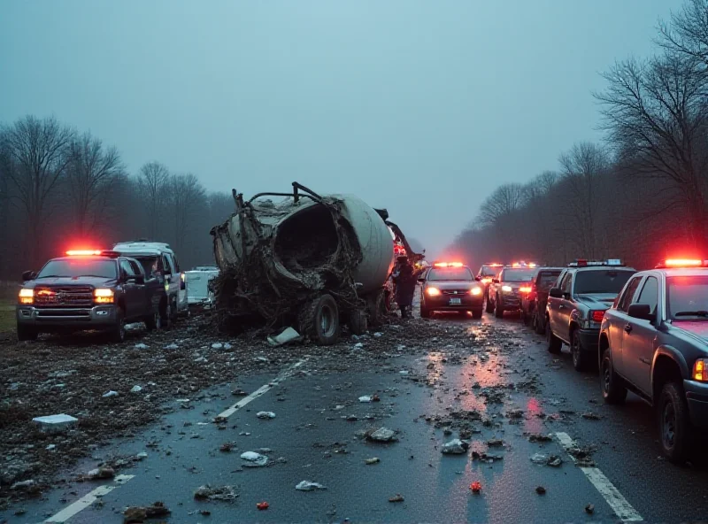 A damaged cement truck at an accident scene, with emergency vehicles in the background.