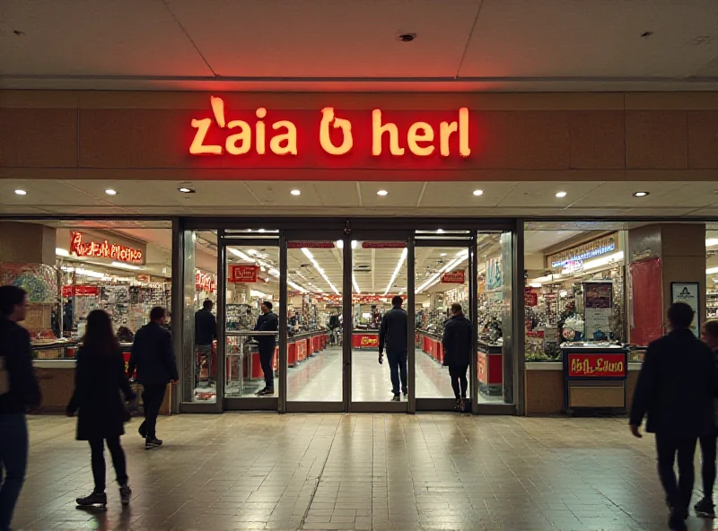 Exterior of a shopping mall with an ice rink visible inside through the glass doors.