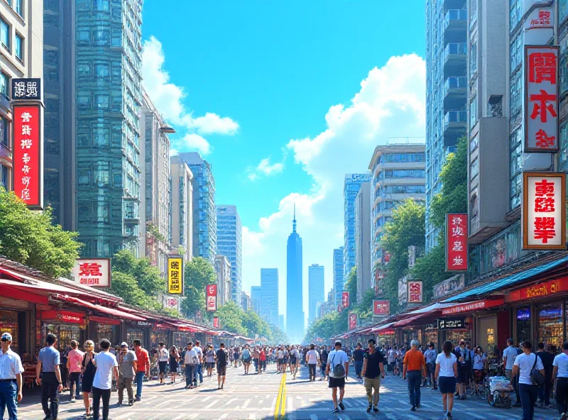 A modern cityscape of Taipei, Taiwan, with skyscrapers and bustling streets, under a clear blue sky.