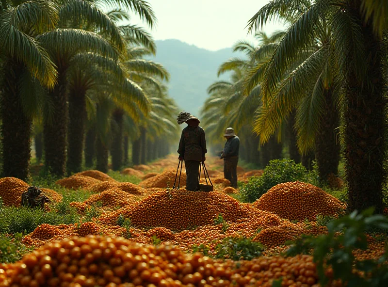 A vast palm oil plantation in Guatemala, showing workers harvesting the fruit. The scene is hot and humid, with a sense of difficult labor.