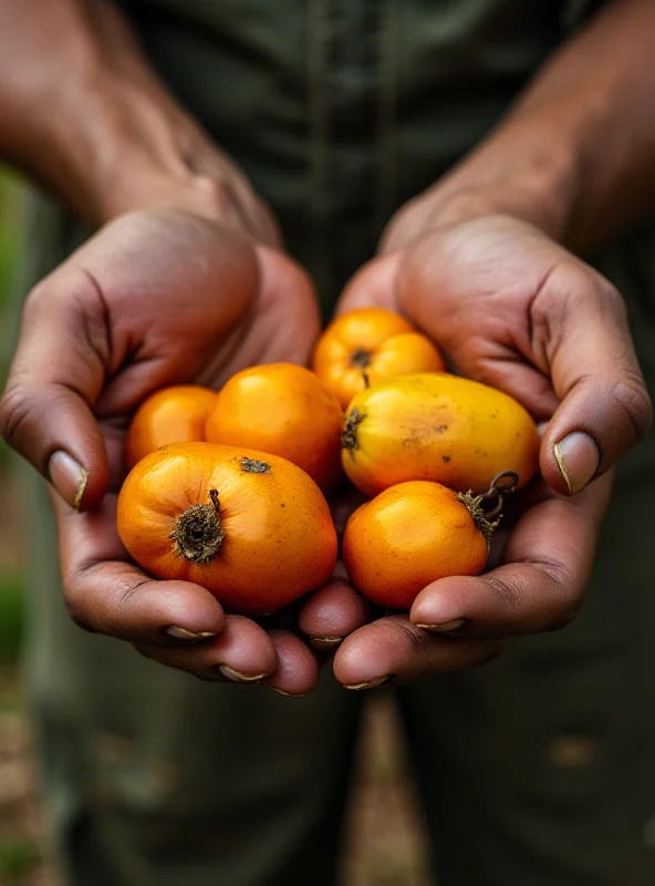 A close-up shot of a worker's hands, calloused and worn, holding palm oil fruits. The image emphasizes the physical demands of the labor involved in palm oil harvesting.