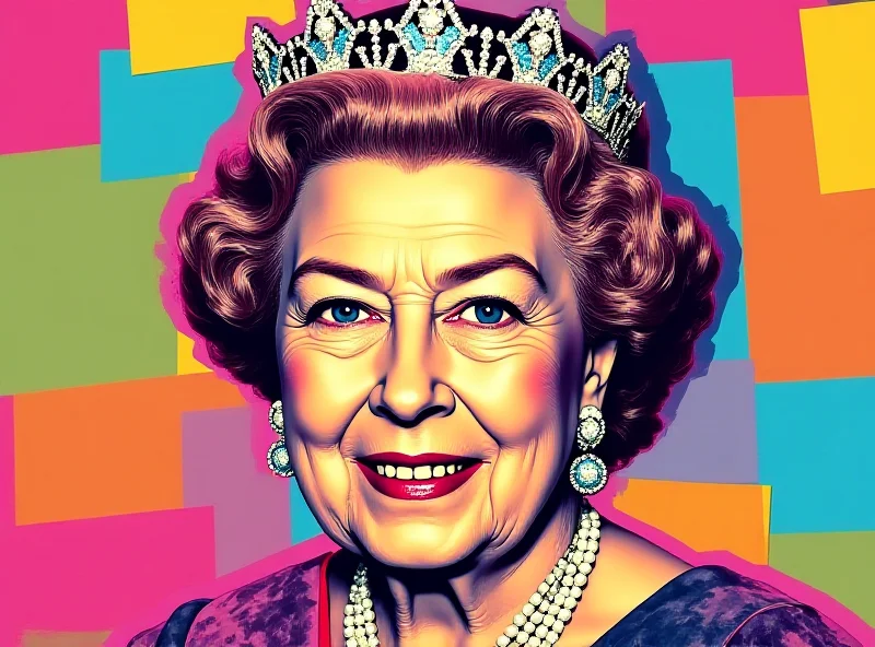 A pop art portrait of Queen Elizabeth II in vibrant colours, reminiscent of Andy Warhol's style. The queen is wearing a tiara and a regal expression, set against a patterned background.