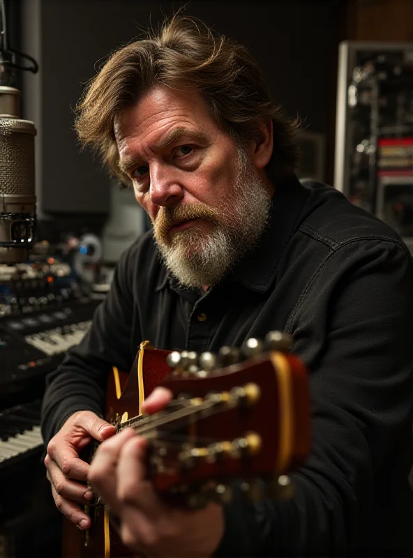 Edwyn Collins in a recording studio, looking pensive and holding a guitar. He has a weathered face and kind eyes, conveying a sense of musical experience and artistic depth. The background is filled with recording equipment.