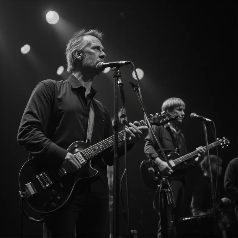 A black and white photograph of the band Orange Juice performing on stage in the early 1980s. Edwyn Collins is at the microphone, singing with energy and passion. The other band members are playing their instruments with equal enthusiasm.