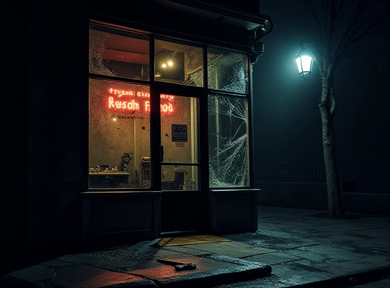 Illustration of a broken restaurant window with an axe lying nearby, emphasizing the dramatic nature of the robbery in Edinburgh