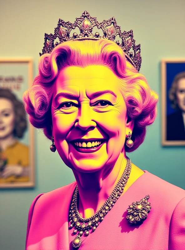 Andy Warhol-style portrait of Queen Elizabeth II with vibrant, pop-art colors, displayed prominently in an Edinburgh art gallery.