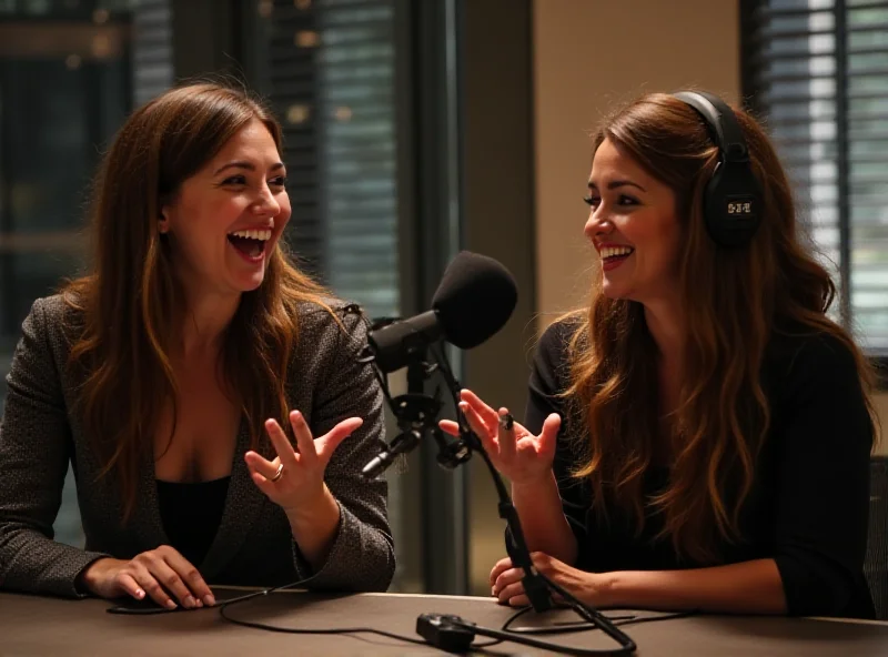 Two female comedians, Amy Gledhill and Harriet Kemsley, sitting in a podcast studio, laughing and gesturing while recording 'Single Ladies in Your Area.'