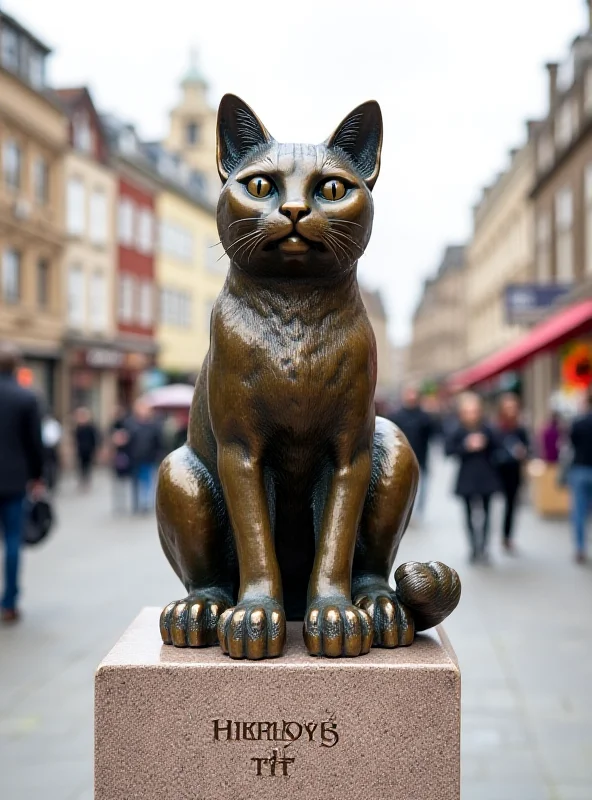 A bronze statue of a cat sitting proudly on a plinth in a public square.