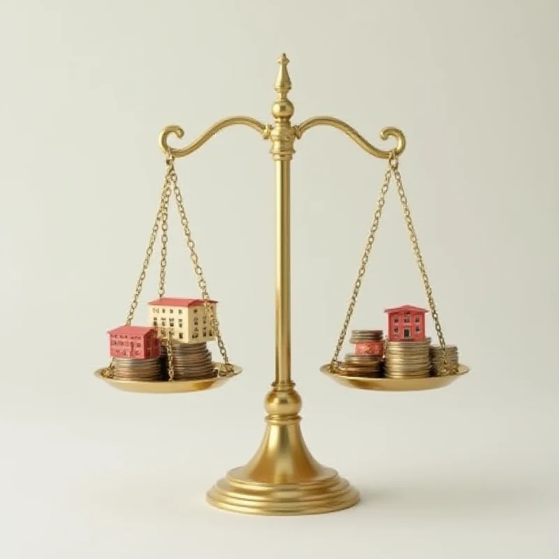 A balanced scale with money on one side and a service building (hospital, school, etc.) on the other.