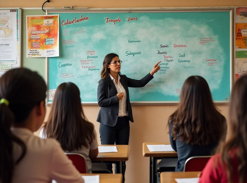 A classroom in Spain with a teacher pointing to a whiteboard showing Valencian words. Students are engaged and attentive.