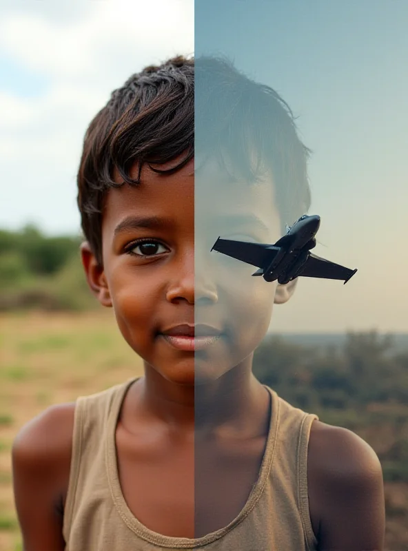 A split image: On the left, a child in a developing country looks hopeful. On the right, a military aircraft is shown, symbolizing defence spending.