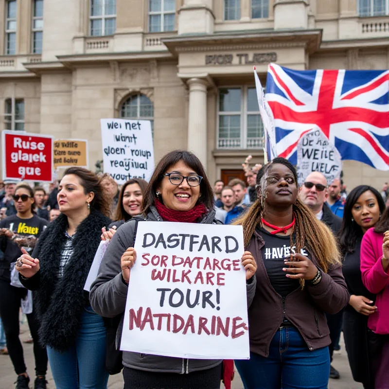 A protest scene in London, with people holding signs advocating for increased foreign aid. The signs display messages about global solidarity and development.