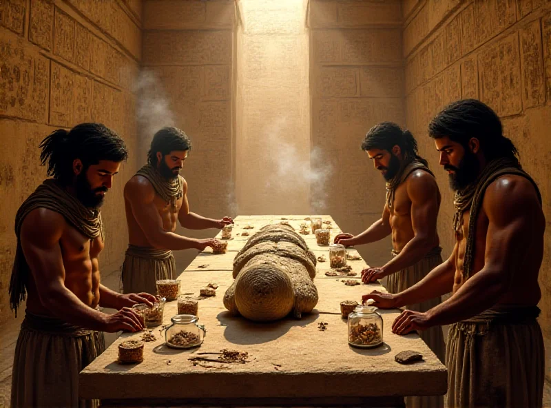 An artist's rendering of an ancient Egyptian embalming ritual, showing priests and embalmers preparing a mummy for burial. The scene is filled with various jars, tools, and incense burners, creating a sense of both reverence and scientific process.