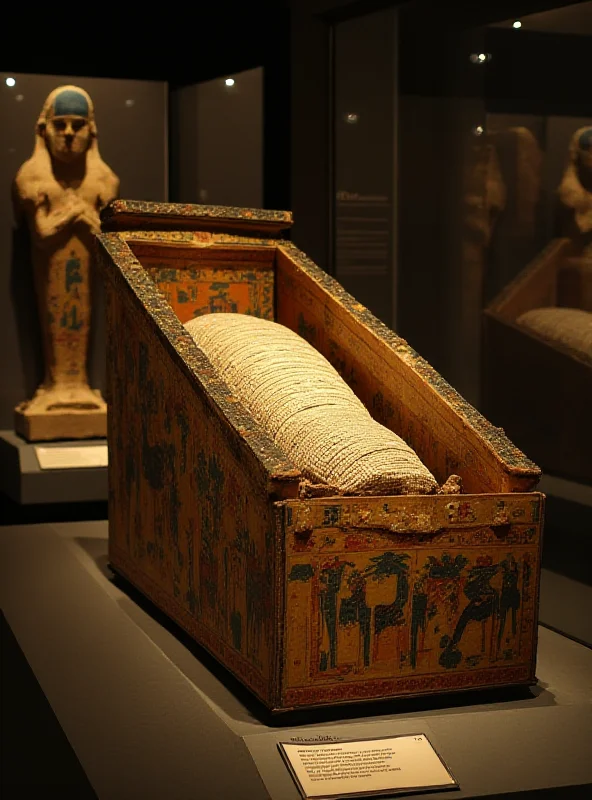 A close-up photograph of an ancient Egyptian sarcophagus, ornately decorated with hieroglyphs and vibrant colors. The sarcophagus is slightly open, revealing a glimpse of the mummy inside, wrapped in linen bandages. The lighting is dramatic, highlighting the intricate details of the artwork and the mystery surrounding the ancient artifact.