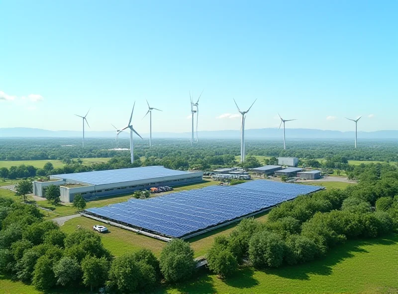 Aerial view of a large e-fuel plant with solar panels and wind turbines in the background, under a clear blue sky.