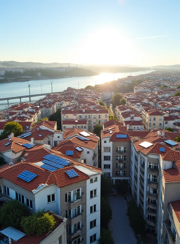 Modern cityscape of Lisbon, Portugal, with solar panels on rooftops and wind turbines visible in the distance, highlighting the blend of urban development and green energy initiatives.