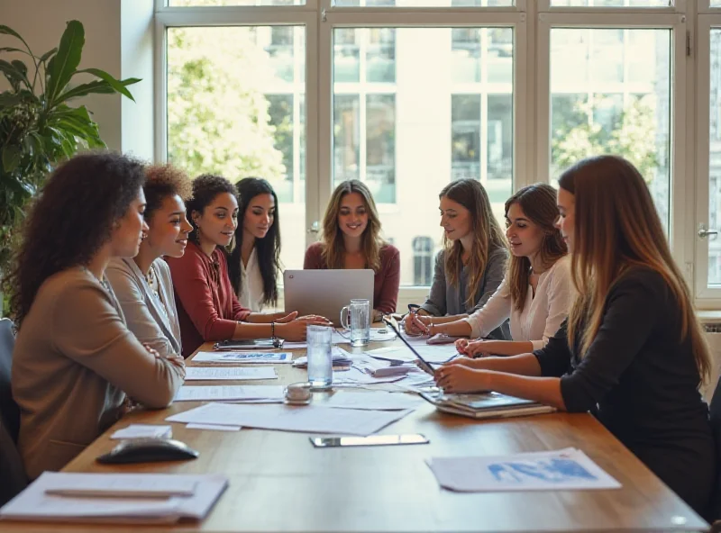 A diverse group of female entrepreneurs collaborating in a modern office space, discussing business strategies and financial plans. The atmosphere is positive and empowering.