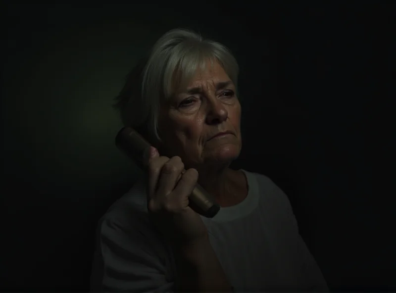 A distraught elderly woman sitting alone, holding a phone.