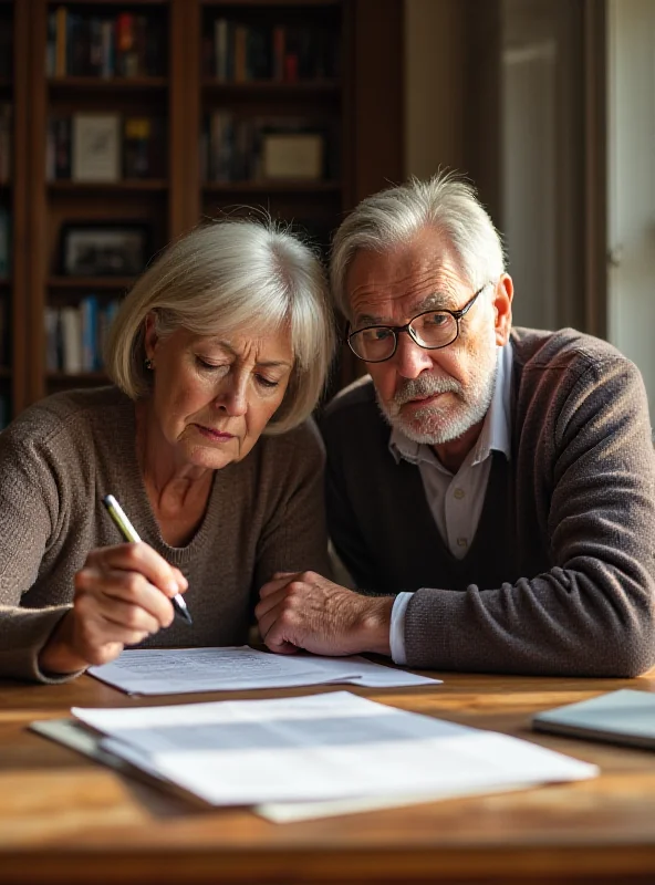 A couple in their 70s sitting at a table, looking concerned while discussing finances.