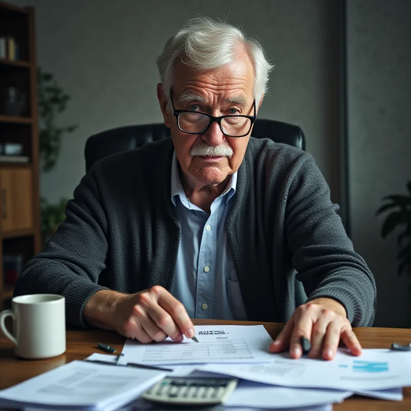 A concerned elderly man looking at a financial statement.