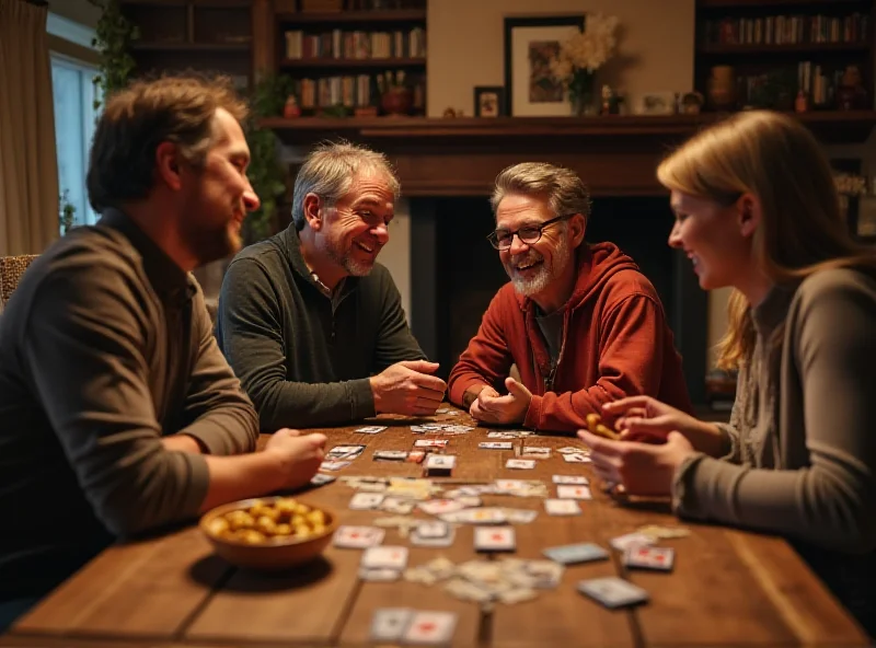 A group of people laughing and playing Elfer Raus! around a wooden table