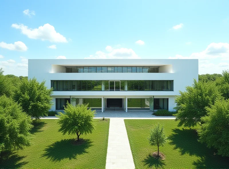 Aerial view of a modern, low-rise school building surrounded by lush greenery in a Texas setting.