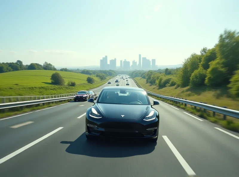 A Tesla car driving on a highway in Europe, surrounded by other vehicles, with a cityscape in the background.