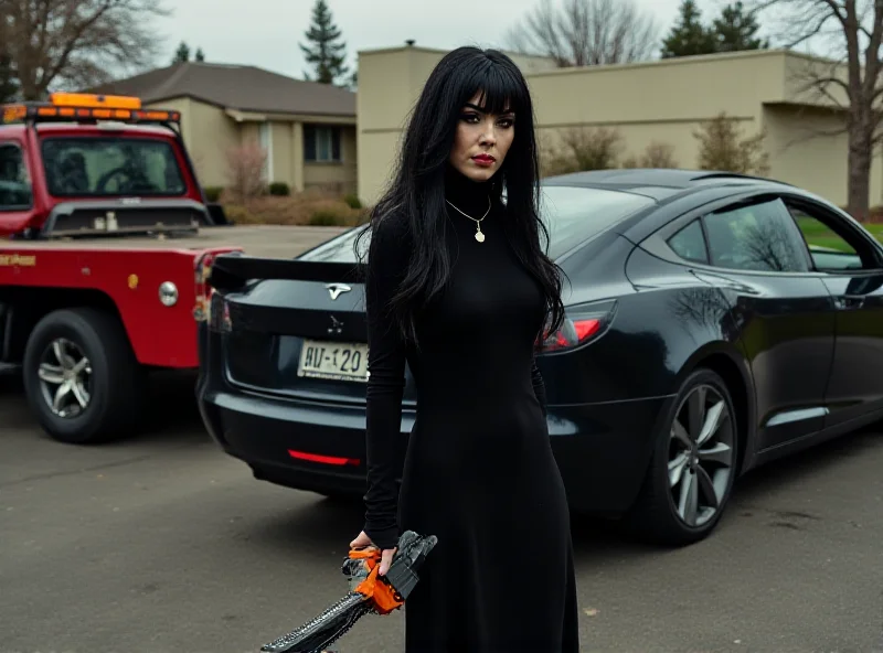 Cassandra Peterson dressed as Elvira holding a chainsaw next to a Tesla being towed away.