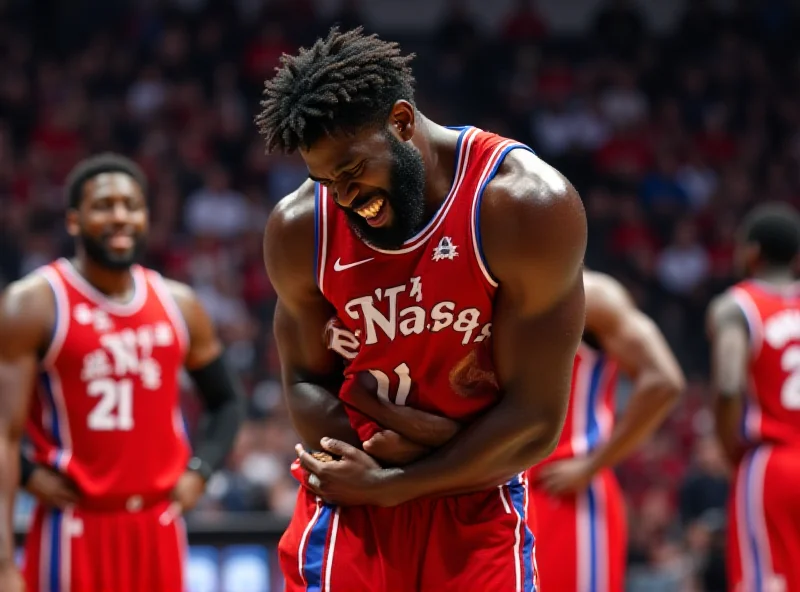 Joel Embiid grimacing in pain while holding his left knee during a basketball game. Other players surround him with concerned expressions. The Philadelphia 76ers logo is visible in the background.