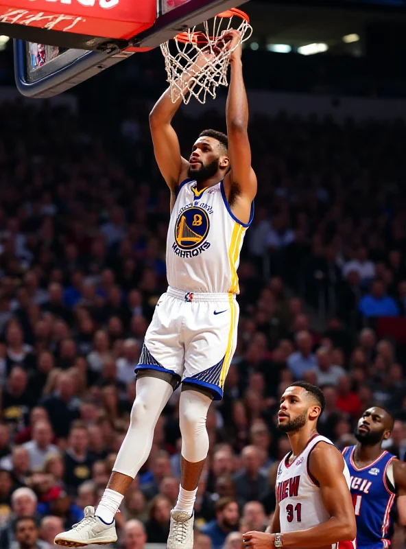 Steph Curry of the Golden State Warriors dunking the basketball with a determined expression. He is mid-air with the basketball nearly through the hoop. A Philadelphia 76ers player is nearby, watching the dunk.